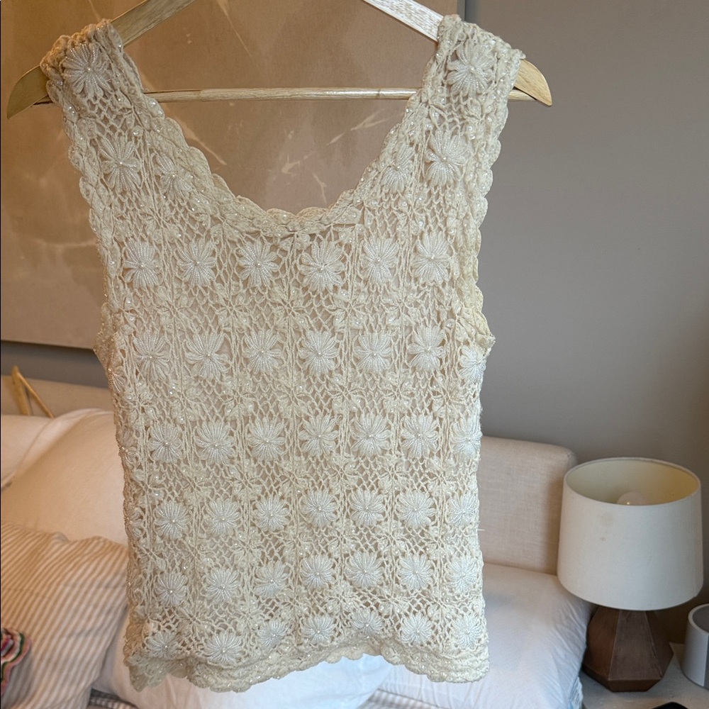 Vintage 100% Wool Beaded Cream Crochet Women's Top
